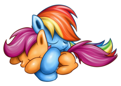 Size: 800x571 | Tagged: dead source, safe, artist:xioade, rainbow dash, scootaloo, pegasus, pony, g4, blank flank, cuddling, cute, eyes closed, female, filly, foal, hug, lying down, mare, prone, scootalove, simple background, sleeping, transparent background
