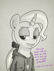 Size: 1049x1380 | Tagged: safe, artist:raph13th, trixie, pony, unicorn, g4, braces, clothes, female, hoodie, mare, smiling, solo, yearbook, yearbook photo, younger