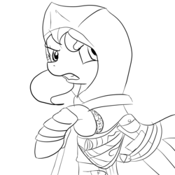 Size: 1200x1200 | Tagged: safe, artist:lisa400, sunset shimmer, pony, g4, altair ibn la-ahad, angry, assassin, assassin's creed, female, lineart, mare, monochrome, solo, sword, weapon, wip