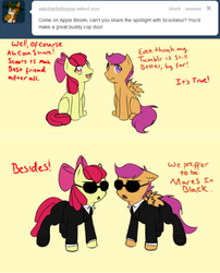 Size: 639x791 | Tagged: safe, artist:nessia, apple bloom, scootaloo, g4, ask, clothes, men in black, parody, suit, this apple bloom, tumblr