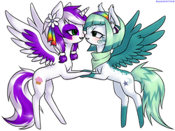 Size: 1450x1089 | Tagged: safe, artist:ponymonster, oc, oc only, oc:champagne butterflies, oc:moonlight jubilee, alicorn, pegasus, pony, alicorn oc, female, lesbian, nuzzling, shipping, simple background