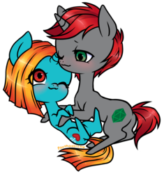 Size: 828x879 | Tagged: safe, artist:ponymonster, oc, oc only, oc:mimsy, oc:pat, pony, unicorn, female, male, shipping, simple background, straight, transparent background