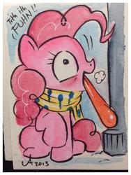 Size: 675x900 | Tagged: safe, artist:amy mebberson, pinkie pie, earth pony, pony, g4, female, frozen, solo, stuck, tongue out, tongue stuck to pole, tongue stuck to something frozen, traditional art