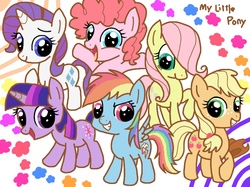Size: 750x562 | Tagged: safe, artist:imo, applejack, fluttershy, pinkie pie, rainbow dash, rarity, twilight sparkle, g4, filly, mane six, pixiv, younger