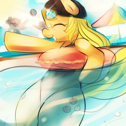 Size: 1200x1200 | Tagged: safe, artist:maren, applejack, pinkie pie, twilight sparkle, g4, clothes, eyes closed, goggles, goggles on head, hind legs, legs together, one-piece swimsuit, pixiv, school swimsuit, swimming pool, swimsuit, water