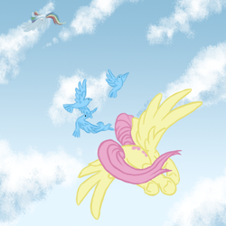 Size: 500x500 | Tagged: safe, artist:rhythmgeneration, fluttershy, rainbow dash, bird, g4, animal, cloud, cloudy, flying, sky, vertigo