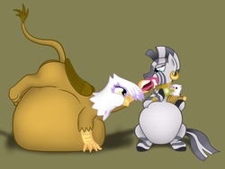 Size: 1280x960 | Tagged: safe, artist:8aerondight8, gilda, zecora, griffon, zebra, g4, belly, belly bed, duo, duo female, fat, female, gildough, impossibly large belly, inflation, stuffing, voodoo, voodoo doll, voodoo inflation, zecobese