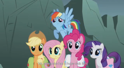 Size: 1439x786 | Tagged: safe, screencap, applejack, fluttershy, pinkie pie, rainbow dash, rarity, friendship is magnets, dragonshy, g4, flying, frown, meme, wide eyes, worried, youtube caption