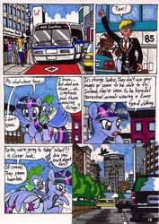 Size: 1280x1813 | Tagged: safe, artist:newyorkx3, spike, twilight sparkle, alicorn, dragon, human, pony, comic:twilight and the big city, g4, bus, car, chevrolet, chevrolet suburban, comic, female, flying, ford, ford crown victoria, male, mare, mercedes-benz, mercedes-benz e-class, mercedes-benz w210, new york, taxi, traditional art, twilight sparkle (alicorn)