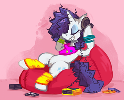 Size: 680x547 | Tagged: safe, artist:herny, rarity, pony, unicorn, g4, 80s, alternate hairstyle, beanbag chair, braces, cassette player, compact cassette, female, freestyle, headphones, leg warmers, solo