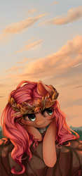 Size: 1400x3000 | Tagged: safe, artist:vardastouch, fluttershy, g4, cloud, cloudy, female, floral head wreath, sky, solo, sunset, wreath