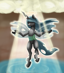 Size: 1217x1404 | Tagged: safe, artist:endrome, queen chrysalis, changeling, changeling queen, g4, crepuscular rays, female, flying, halo, solo, water