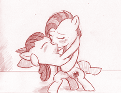 Size: 792x612 | Tagged: safe, artist:jaxonian, apple bloom, babs seed, earth pony, pony, ask fapplebloom, g4, blushing, female, filly, foal, incest, kiss on the lips, kissing, lesbian, monochrome, ship:appleseed, shipping