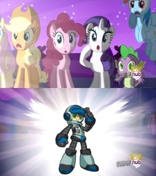 Size: 404x454 | Tagged: safe, applejack, fluttershy, pinkie pie, rainbow dash, rarity, spike, g4, alicorn flash, beck, exploitable meme, hub logo, meme, mighty no.9