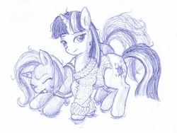 Size: 1500x1125 | Tagged: safe, artist:jedieldaniel, trixie, twilight sparkle, g4, bed mane, clothes, female, lesbian, monochrome, pajamas, ship:twixie, shipping, sweater, traditional art, yawn