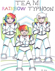 Size: 2547x3273 | Tagged: safe, artist:karadennison, gilda, rainbow dash, oc, oc:rainbow feather, human, g4, clothes, crimson typhoon, crossover, daughter, drift, family, female, humanized, interspecies offspring, jaeger, lesbian, magical lesbian spawn, offspring, pacific rim, parent:gilda, parent:rainbow dash, parents:gildash, pilot, rainbow typhoon, uniform