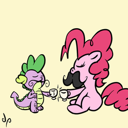 Size: 2500x2500 | Tagged: safe, artist:doggonepony, pinkie pie, spike, g4, classy, drink, moustache, tea, tea party