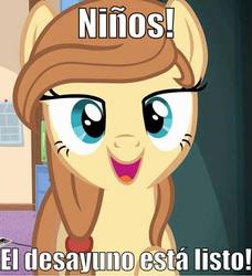 Size: 640x701 | Tagged: safe, oc, oc only, oc:cream heart, earth pony, pony, g4, female, image macro, looking at you, mare, open mouth, solo, spanish, text, translated in the comments