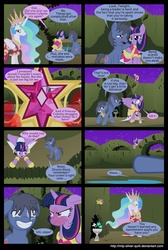 Size: 2000x2978 | Tagged: safe, artist:mlp-silver-quill, princess celestia, twilight sparkle, oc, oc:clutterstep, alicorn, pony, comic:a princess' tears, g4, big crown thingy, comic, droste maze, facehoof, female, mare, maze, tiara, twilight sparkle (alicorn)