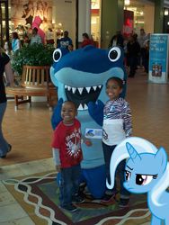 Size: 800x1066 | Tagged: safe, trixie, human, pony, shark, unicorn, g4, child, clothes, costume, female, horn, irl, irl human, kids, mall of america, mare, mascot, photo, ponies in real life, unamused