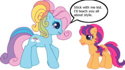 Size: 1024x573 | Tagged: safe, artist:ludiculouspegasus, rainbow dash (g3), scootaloo (g3), earth pony, pony, g3, g3.5, duo, duo female, female, filly, foal, mare, rainbow dash always dresses in style, simple background, transparent background