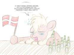 Size: 1024x763 | Tagged: safe, artist:littlehybridshila, oc, oc only, oc:valkyria, earth pony, pony, alcohol, beer, denmark, drunk, mascot, solo