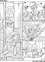 Size: 500x685 | Tagged: safe, artist:capnpea, apple bloom, applejack, scootaloo, sweetie belle, earth pony, pegasus, pony, unicorn, comic:three apples, g4, cave, comic, cutie mark crusaders, female, filly, mare, monochrome, rope, spelunking, suspended