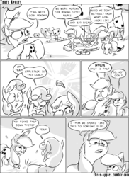 Size: 944x1294 | Tagged: safe, artist:capnpea, apple bloom, applejack, scootaloo, sweetie belle, earth pony, pegasus, pony, unicorn, comic:three apples, g4, comic, crystal, cutie mark crusaders, female, filly, mare, monochrome, orchard, rope