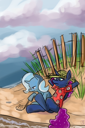 Size: 730x1095 | Tagged: safe, artist:fauxsquared, princess luna, trixie, luna-afterdark, g4, beach, clothes, fence, shirt