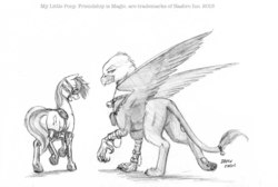 Size: 1100x740 | Tagged: safe, artist:baron engel, dj pon-3, vinyl scratch, oc, oc:golden bill, griffon, g4, boots, bridle, goggles, hoof boots, monochrome, paw pads, pencil drawing, saddle, sexy saddle, tack, traditional art
