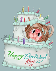 Size: 855x1086 | Tagged: safe, artist:siden, pinkie pie, g4, against glass, cake, candle, clothes, costume, diving helmet, female, food, happy birthday, helmet, messy, popping out of a cake, solo
