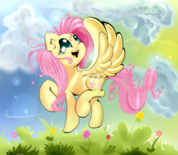 Size: 2200x1914 | Tagged: safe, artist:carligercarl, fluttershy, pegasus, pony, g4, cloud, female, flower, flying, grass, looking at something, looking away, looking up, mare, open mouth, outdoors, raised hoof, sky, smiling, solo, spread wings, turned head, wings