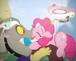 Size: 1280x1024 | Tagged: safe, artist:surgicalarts, discord, pinkie pie, draconequus, earth pony, pony, g4, blushing, cake, eyes closed, female, food, kissing, male, mare, open mouth, open smile, ship:discopie, smiling, straight
