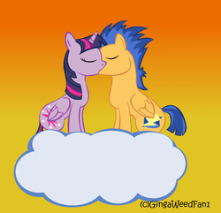 Size: 754x728 | Tagged: safe, artist:gingaweedfan1, flash sentry, twilight sparkle, alicorn, pegasus, pony, g4, cloud, cute, duo, eyes closed, female, kiss on the lips, kissing, male, mare, on a cloud, ship:flashlight, shipping, sitting, stallion, twilight sparkle (alicorn)