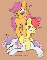 Size: 1254x1600 | Tagged: safe, artist:chromaskunk, artist:ecmajor, apple bloom, scootaloo, sweetie belle, earth pony, pegasus, pony, unicorn, g4, blank flank, bow, colored, cutie mark crusaders, female, filly, hair bow, pony pile, smiling, tower of pony, trio