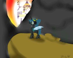 Size: 1000x800 | Tagged: safe, artist:beauty art, queen chrysalis, changeling, g4, cave, dawn, female, filly, happy, smiling, solo