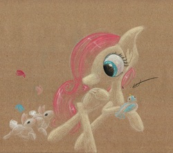 Size: 922x820 | Tagged: safe, artist:getchanoodlewet, fluttershy, bird, rabbit, g4, female, filly, solo, traditional art