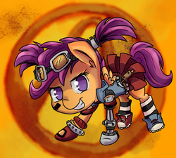 Size: 1000x900 | Tagged: safe, artist:scarletts-fever, scootaloo, pegasus, pony, g4, alternate hairstyle, amputee, borderlands, borderlands 2, clothes, crossover, female, gaige, goggles, mechromancer, pigtails, solo