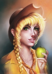 Size: 2722x3879 | Tagged: safe, artist:indiron, applejack, human, g4, apple, female, humanized, obligatory apple, solo