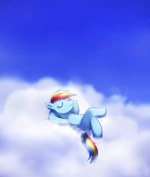 Size: 590x700 | Tagged: safe, artist:moe-bu, rainbow dash, g4, cloud, cloudy, female, pixiv, relaxing, solo