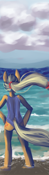 Size: 1400x4900 | Tagged: safe, artist:fauxsquared, applejack, earth pony, anthro, unguligrade anthro, g4, beach, clothes, female, solo, swimsuit