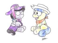 Size: 2143x1582 | Tagged: safe, artist:bobthedalek, dj pon-3, fiddlesticks, octavia melody, vinyl scratch, earth pony, pony, g4, apple family member, bow, clothes, doll, dress, duo, female, filly, hat