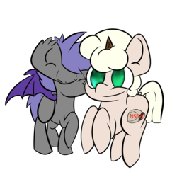 Size: 7087x7087 | Tagged: safe, artist:olympic tea bagger, oc, oc only, oc:anon, oc:midnight blossom, bat pony, pony, /anon/, absurd resolution, cheek kiss, fake horn, kissing, mlpchan, oc x oc, shipping