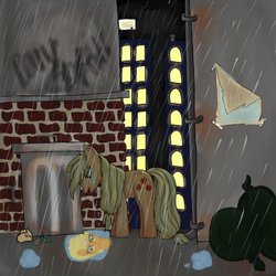 Size: 894x894 | Tagged: safe, artist:ponbet10, applejack, g4, city, cityscape, female, manehattan, rain, solo, wet