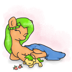 Size: 550x550 | Tagged: safe, artist:ijustloveit619, oc, oc only, oc:gold star, earth pony, pony, female, filly, foal, mare, mother, sleeping, strawberry