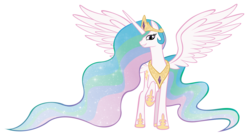 Size: 2195x1231 | Tagged: safe, artist:littlelunithe, princess celestia, alicorn, pony, g4, female, jewelry, mare, raised hoof, regalia, simple background, smiling, solo, spread wings, transparent background, wings