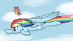 Size: 1280x720 | Tagged: safe, artist:whatsapokemon, rainbow dash, scootaloo, g4, flying