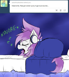 Size: 846x945 | Tagged: safe, artist:ichibangravity, oc, oc only, ask king sombra pie, bed, headphones, rae mix, sleeping, solo, tumblr