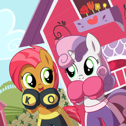 Size: 1500x1500 | Tagged: safe, artist:madmax, babs seed, sweetie belle, earth pony, pony, unicorn, g4, bipedal, boxer, boxing, boxing gloves, clothes, duo, shorts, sweet apple acres