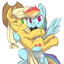 Size: 2000x2000 | Tagged: safe, artist:sion, applejack, rainbow dash, g4, bowtie, bridal carry, carrying, female, lesbian, one eye closed, pixiv, ship:appledash, shipping, smiling, spread wings, wings